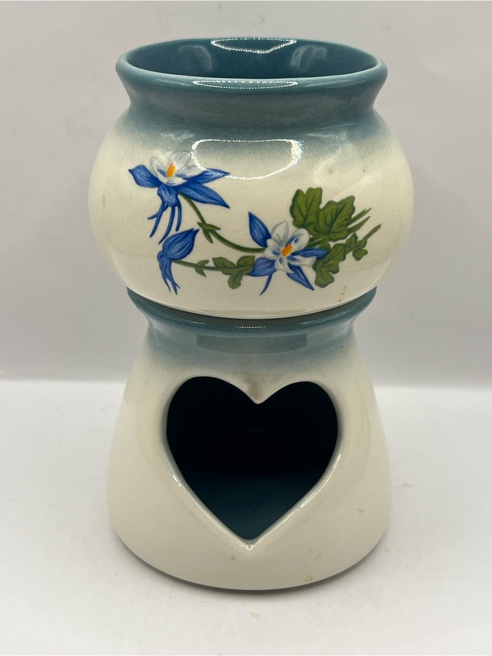 Vintage Glazed Ceramic Pottery Wax Melt Or Essential Oil Warmer Blue Flowers 6”